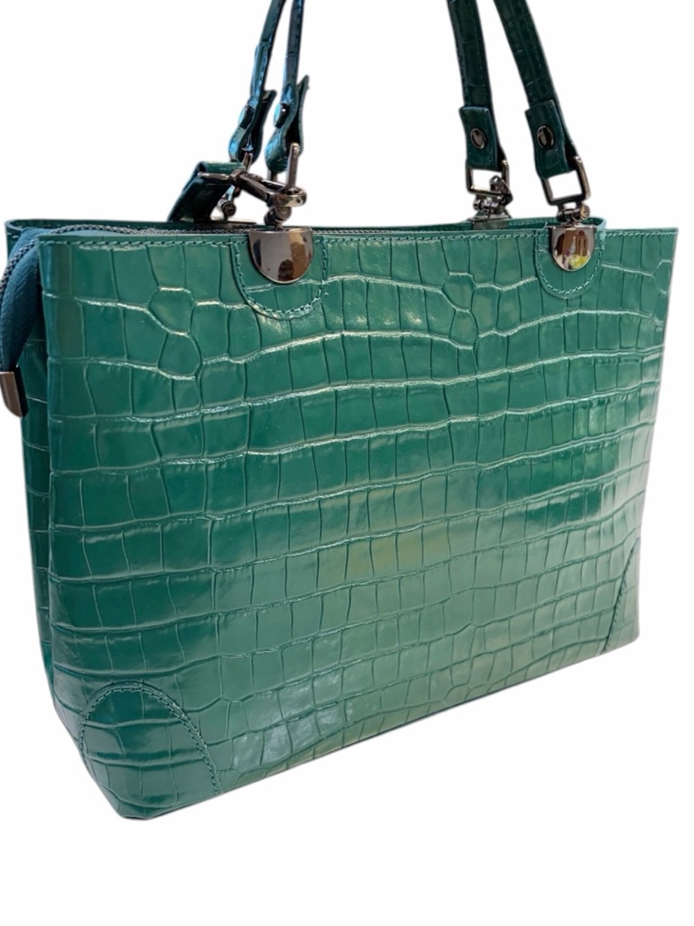 DIVINA FIRENZE Green Glossy Croc-Embossed Leather handbag with crossbody strap